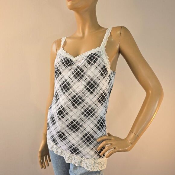 Eyeshadow Camisole Y2K Black White Plaid Babydoll Tank Top Youth Sz XL Cotton - Picture 2 of 9